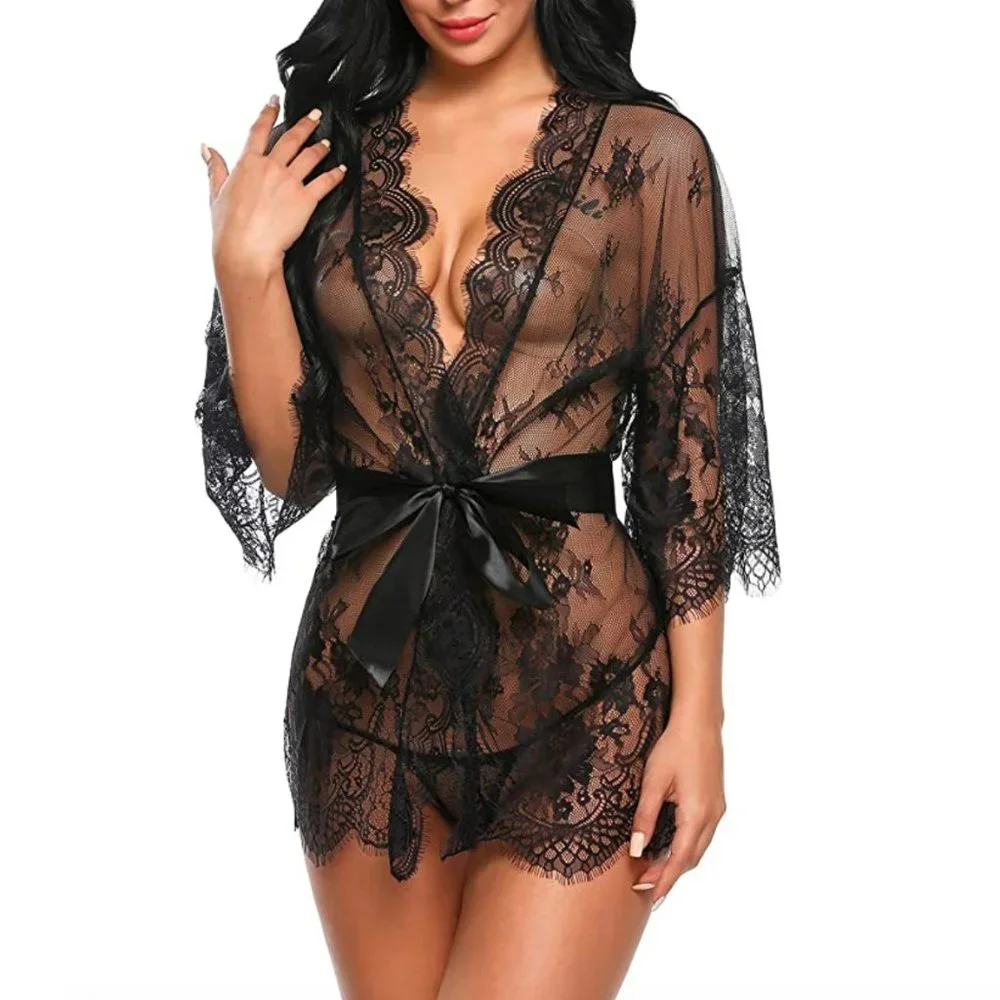Black Lace Lingerie Robe And Thong Set With Satiny Belt - Picture 10 of 16